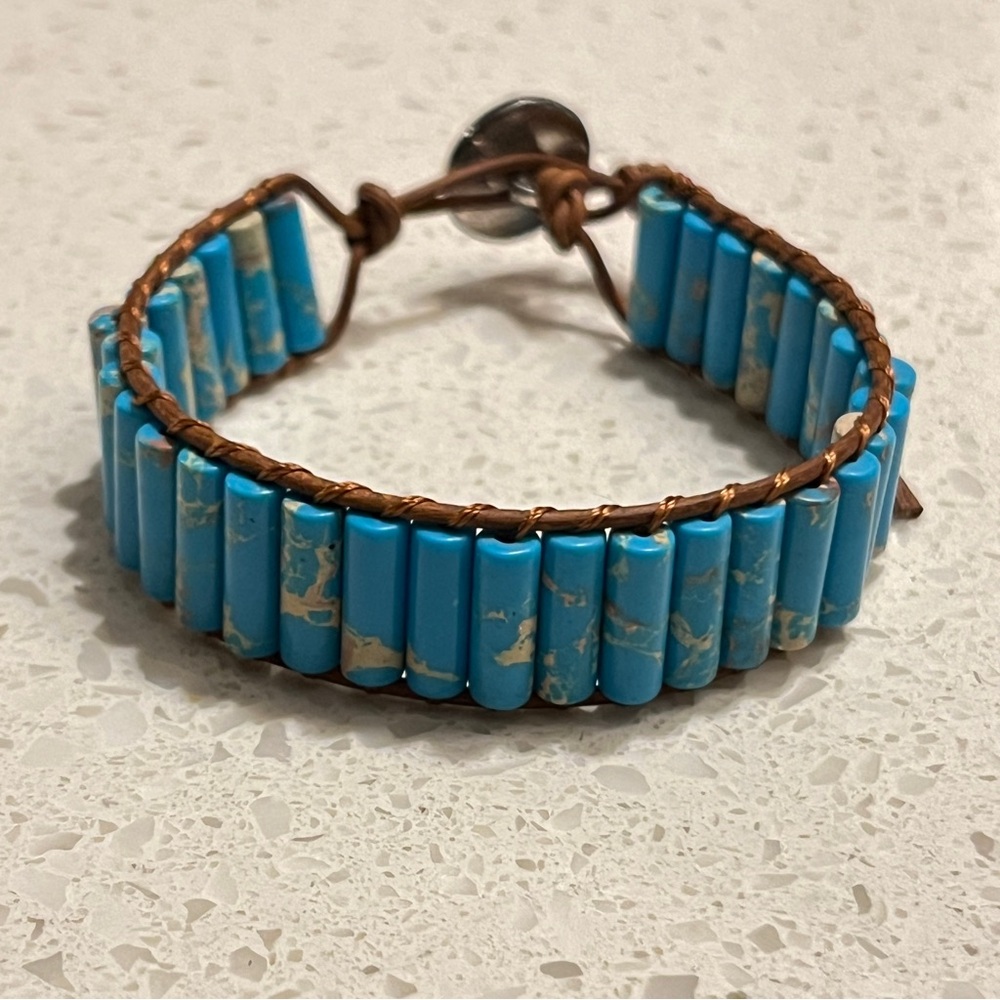 Bohemian cylindrical fake turquoise Stone Beaded Braided Pu Leather Bracelet